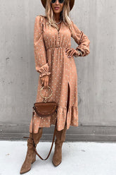 Nisha – Gepunktetes Midikleid mit Knopfleiste und Schlitz