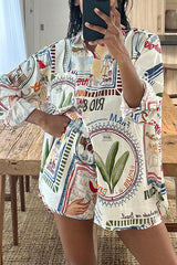 Ocean Drive Set aus Leinenmischung mit einzigartigem Druck und Oversize-Bluse und Shorts mit Taschen und elastischer Taille