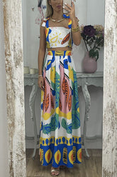 Maisel Set mit gesmoktem Oberteil mit abstraktem Druck und Schulterschnürung sowie Faltenrock mit elastischer Taille