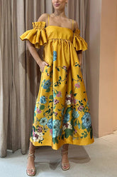 Sweetest Marigold bedrucktes A-Linien-Midikleid mit gerafften Ärmeln und Taschen