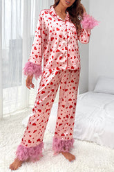 Cater To You Pyjama-Set mit Herz-Print, Federbesatz, Hemd, elastischer Taillentasche