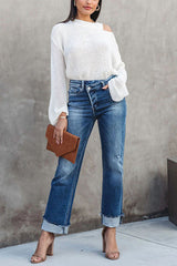 Destiny Stretch-Jeans mit hohem Bund und überkreuzten Beinen