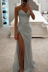 Maxikleid mit Pailletten, Wasserfallausschnitt, Korsett und Schlitz für romantische Anlässe