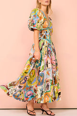 Exquisites, einzigartig bedrucktes Maxikleid mit V-Ausschnitt und Puffärmeln