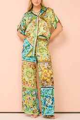 Grace Satin-Hose mit Paisley-Farbblock-Print, elastischer Taille und Taschen und weitem Bein