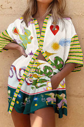 Hillary Set aus übergroßer Bluse aus Leinenmischung mit einzigartigem Aufdruck und Shorts mit Taschen und elastischer Taille