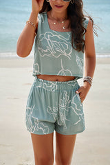 Lustiges Set mit bedruckten Hosenträgertaschen und Shorts mit elastischer Taille