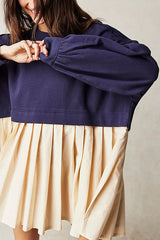 Süßes und besonderes A-Linien-Minikleid mit übertriebenem Plissee-Patchwork-Sweatshirt