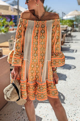 Friendly Shores – Schulterfreies, lockeres Minikleid aus Leinenmischung mit Ethno-Print