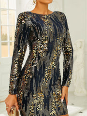 Blaues, figurbetontes Kleid mit Rundhalsausschnitt, langen Ärmeln und kontrastierenden Pailletten RJ10454