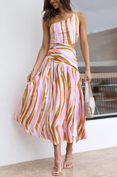 Nicola – Bedrucktes Midikleid mit asymmetrischem Ausschnitt und seitlicher Cut-Out-Taille