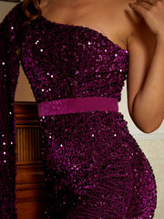 Maxikleid mit Pailletten und einer Schulter und Umhangärmeln XJ726