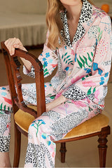 Rosa, langärmliges Home-Zweiteiler-Set mit Schneeleoparden-Print