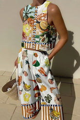 Chic Comforts – Tanktop aus Leinenmischung mit tropischem Fruchtdruck und Hose mit Taschen und elastischer Taille