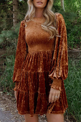 Kele Samt-Minikleid mit Ballonärmeln, Patchwork und gesmoktem Rundhalsausschnitt