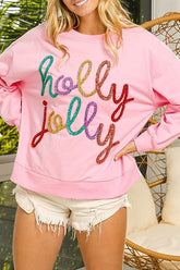 Weihnachts-Schriftzug Rundhals Langarm Pullover Sweatshirt