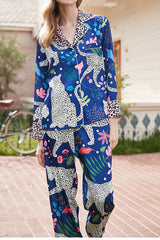 Blaues, langärmliges Home-Zweiteiler-Set mit Schneeleopardenmuster