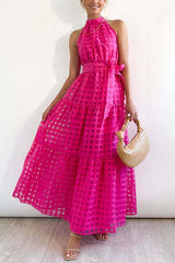 Elena Maxikleid aus gemustertem Tüllstoff mit Gürtel und Neckholder