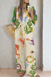 Reeves – Oversize-Bluse aus Leinenmischung mit einzigartigem Aufdruck und Hose mit weitem Bein und Taschen im elastischen Bund