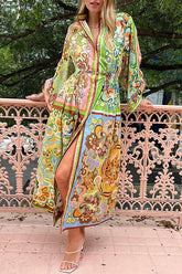 Farbblock Einzigartiger Druck Tasche Knopf Kordelzug Langarm Maxikleid