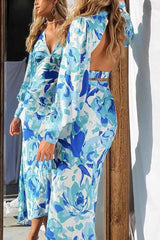 Chic Bouquet Floral Satin Elastic At Back Midi Dress