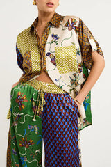 Laidback Luxury Satin Einzigartiger Druck Patchwork Button-Down Oversize Bluse