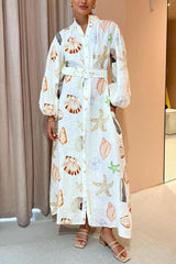 Swinton – Maxikleid mit Taschen, Ballonärmeln und Gürtel und Marine-Element-Print