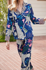 Blaues, langärmliges Home-Zweiteiler-Set mit Schneeleopardenmuster