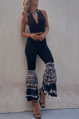 Free Rein – Schlaghose mit Batikmuster und elastischer Taille, Stufenrüschen und Stretch