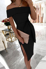 Jamila – Schulterfreies Party-Midikleid mit Schlitz am Oberschenkel