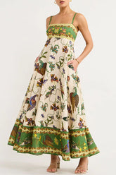 From Sun Drenched – Midikleid aus Leinenmischung mit einzigartigem Aufdruck, gesmokten Rückentaschen