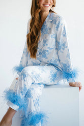 Sweet Daydreamer Pyjama-Set mit Blumenmuster, Federbesatz, elastischer Taille und Taschen