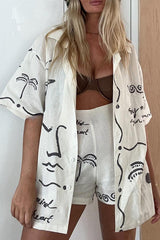 Free and True Set aus Bluse und Shorts mit handbemaltem Aufdruck aus Leinenmischung