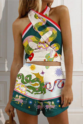 Martini – Neckholder-Top aus Leinenmischung mit einzigartigem Aufdruck und Shorts mit elastischer Taille auf der Rückseite