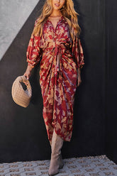 Elegantes und charmantes Midikleid aus Satin mit verstellbarer Taille, Bindeknopf und drapiertem Hemd