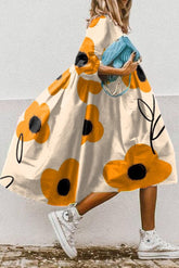 A-Linien-Midikleid mit Vintage-Blumendruck und hohem, niedrigem Saum