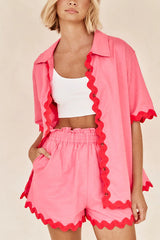 Harry Waved Trim Button Loose Shirt and Elastic Waist Pocketed Shorts Set