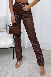 Solid Color Faux Leather Pocket High Waist Pants