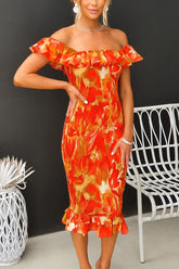 Lost In Mykonos – Schulterfreies Midikleid mit Rüschen und Blumenmuster