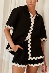 Harry Waved Trim Button Loose Shirt and Elastic Waist Pocketed Shorts Set