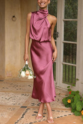 Perfectly Yours – Hochgeschlossenes, drapiertes Maxikleid aus Satin mit elastischer Taille