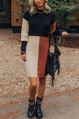 Winter Latte Strick-Minikleid mit Farbblock und Stehkragen