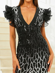 Sexy schwarzes Partykleid mit V-Ausschnitt, Rüschenärmeln und Pailletten RJ10658