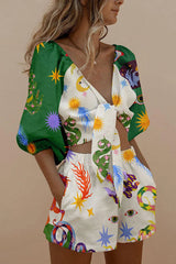 Naturally Me – Set aus Leinenmischung mit einzigartig bedruckter Bluse mit Bindeband vorne und Shorts mit Taschen und elastischer Taille