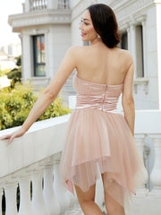 Trägerloses asymmetrisches Satin-Heimkehrkleid XJ2711