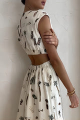 Rundhalsausschnitt, einzigartig bedruckt, Ausschnitt, elastische Taille, kurzärmeliges Maxikleid