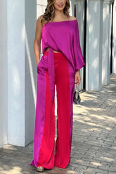 Get Obsessed Set aus Satin-One-Shoulder-Top und Color-Block-Hose mit Taschen