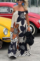 Bloom Season – Schulterfreies Maxikleid in A-Linie mit Blumenmuster und Taschen aus Leinenmischung