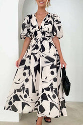 Maxikleid mit V-Ausschnitt und Multiprint, elastische Taille, versteckter Reißverschluss