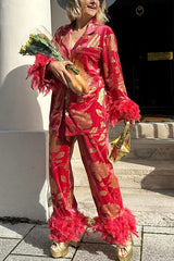 Hollywood Queen Pyjama-Set aus Samt mit Blumenmuster und Federbesatz, elastischer Taille und Taschen